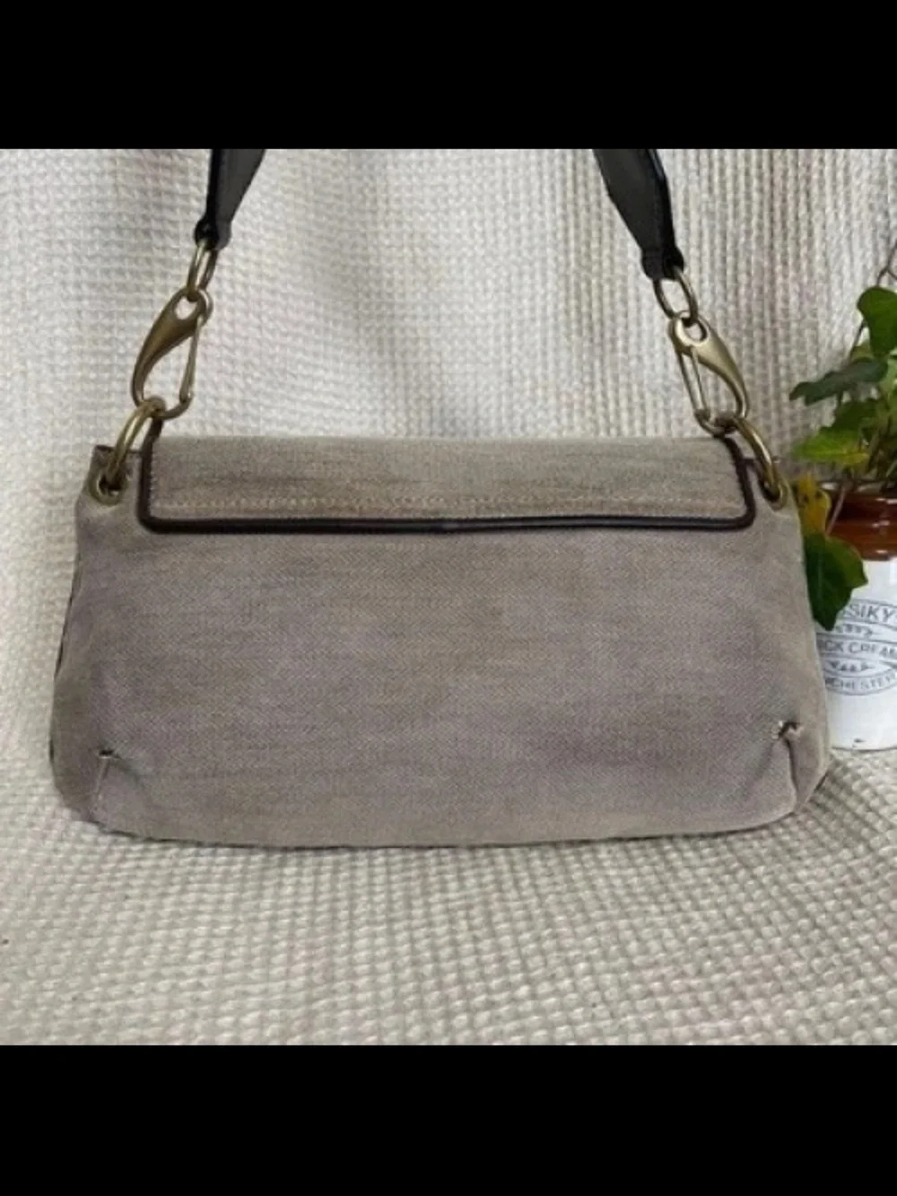 Gucci Taupe Canvas Shoulder Bag with Dark Brown Trim